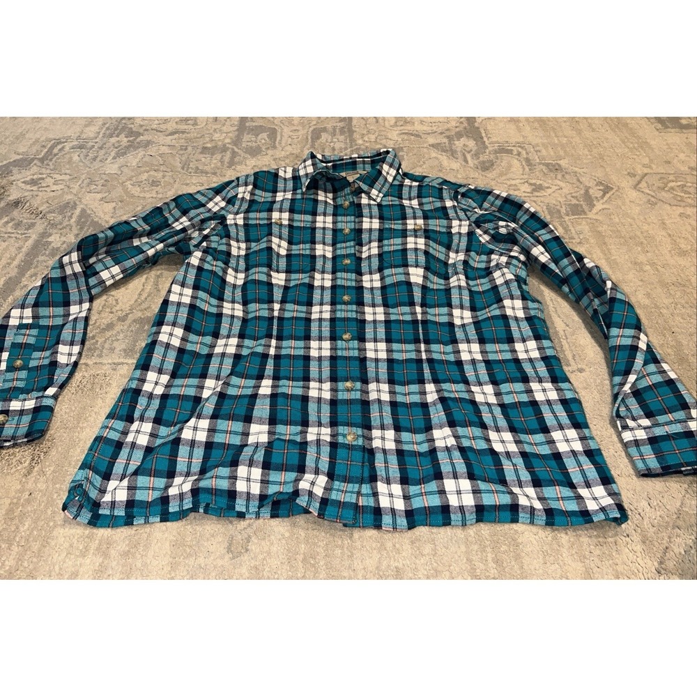 Duluth Button Down Shirt Mens Sz Large Blue Plaid Flannel Cotton Outdoors Casual